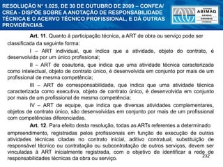 232
Art. 11. Quanto à participação técnica, a ART de obra ou serviço pode ser
classificada da seguinte forma:
I – ART individual, que indica que a atividade, objeto do contrato, é
desenvolvida por um único profissional;
II – ART de coautoria, que indica que uma atividade técnica caracterizada
como intelectual, objeto de contrato único, é desenvolvida em conjunto por mais de um
profissional de mesma competência;
III – ART de corresponsabilidade, que indica que uma atividade técnica
caracterizada como executiva, objeto de contrato único, é desenvolvida em conjunto
por mais de um profissional de mesma competência;
IV – ART de equipe, que indica que diversas atividades complementares,
objetos de contrato único, são desenvolvidas em conjunto por mais de um profissional
com competências diferenciadas.
Art. 12. Para efeito desta resolução, todas as ARTs referentes a determinado
empreendimento, registradas pelos profissionais em função de execução de outras
atividades técnicas citadas no contrato inicial, aditivo contratual, substituição de
responsável técnico ou contratação ou subcontratação de outros serviços, devem ser
vinculadas à ART inicialmente registrada, com o objetivo de identificar a rede de
responsabilidades técnicas da obra ou serviço.
RESOLUÇÃO N° 1.025, DE 30 DE OUTUBRO DE 2009 – CONFEA/
CREA - DISPÕE SOBRE A ANOTAÇÃO DE RESPONSABILIDADE
TÉCNICA E O ACERVO TÉCNICO PROFISSIONAL, E DÁ OUTRAS
PROVIDÊNCIAS.
 
