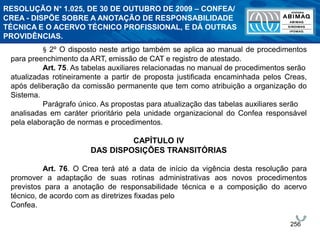 256
§ 2º O disposto neste artigo também se aplica ao manual de procedimentos
para preenchimento da ART, emissão de CAT e registro de atestado.
Art. 75. As tabelas auxiliares relacionadas no manual de procedimentos serão
atualizadas rotineiramente a partir de proposta justificada encaminhada pelos Creas,
após deliberação da comissão permanente que tem como atribuição a organização do
Sistema.
Parágrafo único. As propostas para atualização das tabelas auxiliares serão
analisadas em caráter prioritário pela unidade organizacional do Confea responsável
pela elaboração de normas e procedimentos.
CAPÍTULO IV
DAS DISPOSIÇÕES TRANSITÓRIAS
Art. 76. O Crea terá até a data de início da vigência desta resolução para
promover a adaptação de suas rotinas administrativas aos novos procedimentos
previstos para a anotação de responsabilidade técnica e a composição do acervo
técnico, de acordo com as diretrizes fixadas pelo
Confea.
RESOLUÇÃO N° 1.025, DE 30 DE OUTUBRO DE 2009 – CONFEA/
CREA - DISPÕE SOBRE A ANOTAÇÃO DE RESPONSABILIDADE
TÉCNICA E O ACERVO TÉCNICO PROFISSIONAL, E DÁ OUTRAS
PROVIDÊNCIAS.
 