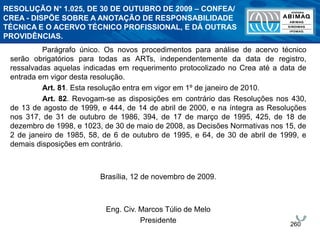 260
Parágrafo único. Os novos procedimentos para análise de acervo técnico
serão obrigatórios para todas as ARTs, independentemente da data de registro,
ressalvadas aquelas indicadas em requerimento protocolizado no Crea até a data de
entrada em vigor desta resolução.
Art. 81. Esta resolução entra em vigor em 1º de janeiro de 2010.
Art. 82. Revogam-se as disposições em contrário das Resoluções nos 430,
de 13 de agosto de 1999, e 444, de 14 de abril de 2000, e na íntegra as Resoluções
nos 317, de 31 de outubro de 1986, 394, de 17 de março de 1995, 425, de 18 de
dezembro de 1998, e 1023, de 30 de maio de 2008, as Decisões Normativas nos 15, de
2 de janeiro de 1985, 58, de 6 de outubro de 1995, e 64, de 30 de abril de 1999, e
demais disposições em contrário.
Brasília, 12 de novembro de 2009.
Eng. Civ. Marcos Túlio de Melo
Presidente
RESOLUÇÃO N° 1.025, DE 30 DE OUTUBRO DE 2009 – CONFEA/
CREA - DISPÕE SOBRE A ANOTAÇÃO DE RESPONSABILIDADE
TÉCNICA E O ACERVO TÉCNICO PROFISSIONAL, E DÁ OUTRAS
PROVIDÊNCIAS.
 