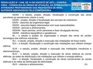 270
XXXIII - o estudo, projeto, direção, fiscalização e construção das obras
peculiares ao saneamento urbano e rural;
XXXIV - projeto, direção e fiscalização dos serviços de urbanismo;
XXXV - assuntos de engenharia legal;
XXXVI - assuntos legais relacionados com suas especialidades;
XXXVII - perícias e arbitramentos;
XXXVIII - fazer perícias, emitir pareceres e fazer divulgação técnica;
XXXIX - trabalhos topográficos e geodésicos;
XL - o estudo e projeto de organização e direção das obras de caráter
tecnológico dos edifícios industriais;
XLI - o estudo, projeto, direção e execução das instalações de força motriz;
XLII - a direção, fiscalização e construção das instalações que utilizem energia
elétrica;
XLIII - o estudo, projeto, direção e execução das instalações mecânicas e
eletromecânicas;
XLIV - o estudo, projeto, direção e execução de obras relativas às usinas
elétricas, às redes de distribuição e às instalações que utilizem a energia elétrica;
XLV - a direção, fiscalização e construção de obras concernentes às usinas
elétricas e às redes de distribuição de eletricidade;
XLVI - vistorias e arbitramentos;
RESOLUÇÃO N° 1.048, DE 14 DE AGOSTO DE 2013 – CONFEA/
CREA - CONSOLIDA AS ÁREAS DE ATUAÇÃO, AS ATRIBUIÇÕES E
ATIVIDADES PROFISSIONAIS DAS PROFISSÕES DE NÍVEL
SUPERIOR ABRANGIDOS PELO CONFEA/CREA
 