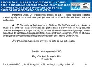 274
Parágrafo único. Os profissionais citados no art. 1º desta resolução poderão
exercer qualquer outra atividade que, por sua natureza, se inclua no âmbito de suas
profissões.
Art. 5º Compete exclusivamente ao Sistema Confea/Crea definir as áreas de
atuação, as atribuições e as atividades dos profissionais a ele vinculados, não possuindo
qualquer efeito prático e legal resoluções ou normativos editados e divulgados por outros
conselhos de fiscalização profissional tendentes a restringir ou suprimir áreas de atuação,
atribuições e atividades dos profissionais vinculados ao Sistema Confea/Crea.
Art. 6º Esta resolução entra em vigor na data de sua publicação.
Brasília, 14 de agosto de 2013.
Eng. Civ. José Tadeu da Silva
Presidente
Publicada no D.O.U, de 19 de agosto de 2013 – Seção 1, pág. 149 e 150
RESOLUÇÃO N° 1.048, DE 14 DE AGOSTO DE 2013 – CONFEA/
CREA - CONSOLIDA AS ÁREAS DE ATUAÇÃO, AS ATRIBUIÇÕES E
ATIVIDADES PROFISSIONAIS DAS PROFISSÕES DE NÍVEL
SUPERIOR ABRANGIDOS PELO CONFEA/CREA
 