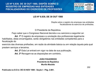 LEI Nº 6.839, DE 30 OUT 1980, DISPÕE SOBRE O
REGISTRO DE EMPRESAS NAS ENTIDADES
FISCALIZADORAS DO EXERCÍCIO DE PROFISSÕES
LEI Nº 6.839, DE 30 OUT 1980
Dispõe sobre o registro de empresas nas entidades
fiscalizadoras do exercício de profissões.
O Presidente da República.
Faço saber que o Congresso Nacional decreta e eu sanciono a seguinte Lei:
Art. 1º O registro de empresas e a anotação dos profissionais legalmente
habilitados, delas encarregados, serão obrigatórios nas entidades competentes para a
fiscalização do
exercício das diversas profissões, em razão da atividade básica ou em relação àquela pela qual
prestem serviços a terceiros.
Art. 2º Esta Lei entrará em vigor na data de sua publicação.
Art. 3º Revogam-se as disposições em contrário.
JOÃO FIGUEIREDO
Presidente da República
Murillo Macêdo
Publicada no D.O.U. DE 03 NOV 1980 - Seção I - Pág. 2.881.
292
 