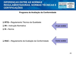 43
Programa de Avaliação da Conformidade
 RTQ – Regulamento Técnico da Qualidade
 IN – Instrução Normativa
 N – Norma
 RAC – Regulamento de Avaliação da Conformidade
O que avaliar
Como avaliar
DIFERENÇAS ENTRE AS NORMAS
REGULAMENTADORAS, NORMAS TÉCNICAS E
CERTIFICAÇÕES
 