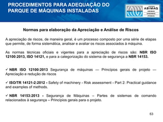 63
Normas para elaboração da Apreciação e Análise de Riscos
A apreciação de riscos, de maneira geral, é um processo composto por uma série de etapas
que permite, de forma sistemática, analisar e avaliar os riscos associados à máquina.
As normas técnicas oficiais e vigentes para a apreciação de riscos são: NBR ISO
12100:2013, ISO 14121, e para a categorização do sistema de segurança a NBR 14153.
 NBR ISO 12100:2013 Segurança de máquinas — Princípios gerais de projeto —
Apreciação e redução de riscos
 ISO/TR 14121-2:2012 - Safety of machinery - Risk assessment - Part 2: Practical guidance
and examples of methods.
 NBR 14153:2013 - Segurança de Máquinas – Partes de sistemas de comando
relacionados à segurança – Princípios gerais para o projeto.
PROCEDIMENTOS PARA ADEQUAÇÃO DO
PARQUE DE MÁQUINAS INSTALADAS
 