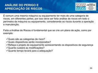 69
É comum uma mesma máquina ou equipamento ter mais de uma categoria de
riscos, em diferentes partes, por isso deve ser feita análise de riscos em todo o
perímetro da máquina ou equipamento, considerando os riscos durante a operação
e manutenção.
Feita a Análise de Riscos é fundamental que se crie um plano de ação, como por
exemplo:
Quais são as categorias de risco?
Quais dispositivos serão incorporados?
Refaça o projeto do equipamento acrescentando os dispositivos de segurança
Quanto custará as modificações?
Quanto tempo levará para a adequação?
ANÁLISE DO PERIGO E
APRECIAÇÃO DE RISCOS
 
