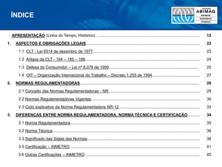 ÍNDICE
APRESENTAÇÃO (Linha do Tempo, Histórico) ............................................................................................ 12
1. ASPECTOS E OBRIGAÇÕES LEGAIS...................................................................................................... 22
1.1 CLT - Lei 6514 de dezembro de 1977................................................................................................ 23
1.2 Artigos da CLT - 184 – 185 – 186....................................................................................................... 24
1.3 Defesa do Consumidor – Lei nº 8.078 de 1990................................................................................ 25
1.4 OIT – Organização Internacional do Trabalho – Decreto 1.255 de 1994........................................... 27
2. NORMAS REGULAMENTADORAS........................................................................................................... 28
2.1 Conceito das Normas Regulamentadoras - NR ................................................................................. 29
2.2 Normas Regulamentadoras Vigentes.................................................................................................. 30
2.3 Ciclo explicativo da Norma Regulamentadora NR-12......................................................................... 33
3. DIFERENÇAS ENTRE NORMA REGULAMENTADORA, NORMA TÉCNICA E CERTIFICAÇÃO........... 34
3.1 Norma Regulamentadora.................................................................................................................... 35
3.2 Norma Técnica.................................................................................................................................... 36
3.3 Significado das Siglas das Normas..................................................................................................... 38
3.5 Certificação – INMETRO..................................................................................................................... 41
3.6 Outras Certificações – INMETRO....................................................................................................... 45
 