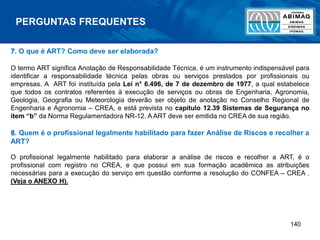 140
PERGUNTAS FREQUENTES
7. O que é ART? Como deve ser elaborada?
O termo ART significa Anotação de Responsabilidade Técnica, é um instrumento indispensável para
identificar a responsabilidade técnica pelas obras ou serviços prestados por profissionais ou
empresas. A ART foi instituída pela Lei n° 6.496, de 7 de dezembro de 1977, a qual estabelece
que todos os contratos referentes à execução de serviços ou obras de Engenharia, Agronomia,
Geologia, Geografia ou Meteorologia deverão ser objeto de anotação no Conselho Regional de
Engenharia e Agronomia – CREA, e está prevista no capítulo 12.39 Sistemas de Segurança no
item “b” da Norma Regulamentadora NR-12. A ART deve ser emitida no CREA de sua região.
8. Quem é o profissional legalmente habilitado para fazer Análise de Riscos e recolher a
ART?
O profissional legalmente habilitado para elaborar a análise de riscos e recolher a ART, é o
profissional com registro no CREA, e que possui em sua formação acadêmica as atribuições
necessárias para a execução do serviço em questão conforme a resolução do CONFEA – CREA .
(Veja o ANEXO H).
 