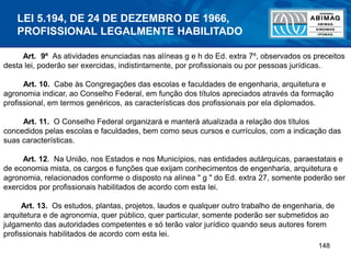 148
Art. 9º As atividades enunciadas nas alíneas g e h do Ed. extra 7º, observados os preceitos
desta lei, poderão ser exercidas, indistintamente, por profissionais ou por pessoas jurídicas.
Art. 10. Cabe às Congregações das escolas e faculdades de engenharia, arquitetura e
agronomia indicar, ao Conselho Federal, em função dos títulos apreciados através da formação
profissional, em termos genéricos, as características dos profissionais por ela diplomados.
Art. 11. O Conselho Federal organizará e manterá atualizada a relação dos títulos
concedidos pelas escolas e faculdades, bem como seus cursos e currículos, com a indicação das
suas características.
Art. 12. Na União, nos Estados e nos Municípios, nas entidades autárquicas, paraestatais e
de economia mista, os cargos e funções que exijam conhecimentos de engenharia, arquitetura e
agronomia, relacionados conforme o disposto na alínea " g " do Ed. extra 27, somente poderão ser
exercidos por profissionais habilitados de acordo com esta lei.
Art. 13. Os estudos, plantas, projetos, laudos e qualquer outro trabalho de engenharia, de
arquitetura e de agronomia, quer público, quer particular, somente poderão ser submetidos ao
julgamento das autoridades competentes e só terão valor jurídico quando seus autores forem
profissionais habilitados de acordo com esta lei.
LEI 5.194, DE 24 DE DEZEMBRO DE 1966,
PROFISSIONAL LEGALMENTE HABILITADO
 