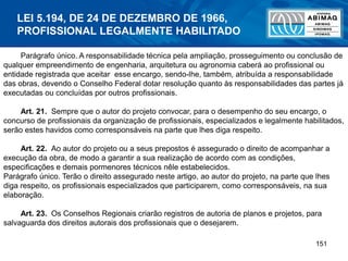 151
Parágrafo único. A responsabilidade técnica pela ampliação, prosseguimento ou conclusão de
qualquer empreendimento de engenharia, arquitetura ou agronomia caberá ao profissional ou
entidade registrada que aceitar esse encargo, sendo-lhe, também, atribuída a responsabilidade
das obras, devendo o Conselho Federal dotar resolução quanto às responsabilidades das partes já
executadas ou concluídas por outros profissionais.
Art. 21. Sempre que o autor do projeto convocar, para o desempenho do seu encargo, o
concurso de profissionais da organização de profissionais, especializados e legalmente habilitados,
serão estes havidos como corresponsáveis na parte que lhes diga respeito.
Art. 22. Ao autor do projeto ou a seus prepostos é assegurado o direito de acompanhar a
execução da obra, de modo a garantir a sua realização de acordo com as condições,
especificações e demais pormenores técnicos nêle estabelecidos.
Parágrafo único. Terão o direito assegurado neste artigo, ao autor do projeto, na parte que lhes
diga respeito, os profissionais especializados que participarem, como corresponsáveis, na sua
elaboração.
Art. 23. Os Conselhos Regionais criarão registros de autoria de planos e projetos, para
salvaguarda dos direitos autorais dos profissionais que o desejarem.
LEI 5.194, DE 24 DE DEZEMBRO DE 1966,
PROFISSIONAL LEGALMENTE HABILITADO
 