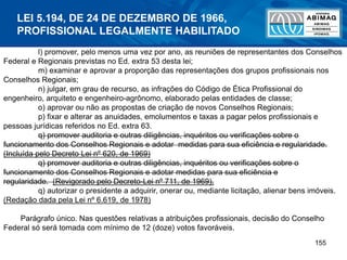 155
l) promover, pelo menos uma vez por ano, as reuniões de representantes dos Conselhos
Federal e Regionais previstas no Ed. extra 53 desta lei;
m) examinar e aprovar a proporção das representações dos grupos profissionais nos
Conselhos Regionais;
n) julgar, em grau de recurso, as infrações do Código de Ética Profissional do
engenheiro, arquiteto e engenheiro-agrônomo, elaborado pelas entidades de classe;
o) aprovar ou não as propostas de criação de novos Conselhos Regionais;
p) fixar e alterar as anuidades, emolumentos e taxas a pagar pelos profissionais e
pessoas jurídicas referidos no Ed. extra 63.
q) promover auditoria e outras diligências, inquéritos ou verificações sobre o
funcionamento dos Conselhos Regionais e adotar medidas para sua eficiência e regularidade.
(Incluída pelo Decreto Lei nº 620, de 1969)
q) promover auditoria e outras diligências, inquéritos ou verificações sobre o
funcionamento dos Conselhos Regionais e adotar medidas para sua eficiência e
regularidade. (Revigorado pelo Decreto-Lei nº 711, de 1969).
q) autorizar o presidente a adquirir, onerar ou, mediante licitação, alienar bens imóveis.
(Redação dada pela Lei nº 6.619, de 1978)
Parágrafo único. Nas questões relativas a atribuições profissionais, decisão do Conselho
Federal só será tomada com mínimo de 12 (doze) votos favoráveis.
LEI 5.194, DE 24 DE DEZEMBRO DE 1966,
PROFISSIONAL LEGALMENTE HABILITADO
 
