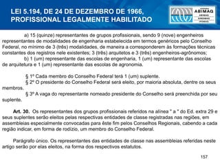 157
a) 15 (quinze) representantes de grupos profissionais, sendo 9 (nove) engenheiros
representantes de modalidades de engenharia estabelecida em termos genéricos pelo Conselho
Federal, no mínimo de 3 (três) modalidades, de maneira a corresponderem às formações técnicas
constantes dos registros nele existentes; 3 (três) arquitetos e 3 (três) engenheiros-agrônomos;
b) 1 (um) representante das escolas de engenharia, 1 (um) representante das escolas
de arquitetura e 1 (um) representante das escolas de agronomia.
§ 1º Cada membro do Conselho Federal terá 1 (um) suplente.
§ 2º O presidente do Conselho Federal será eleito, por maioria absoluta, dentre os seus
membros.
§ 3º A vaga do representante nomeado presidente do Conselho será preenchida por seu
suplente.
Art. 30. Os representantes dos grupos profissionais referidos na alínea " a " do Ed. extra 29 e
seus suplentes serão eleitos pelas respectivas entidades de classe registradas nas regiões, em
assembleias especialmente convocadas para êste fim pelos Conselhos Regionais, cabendo a cada
região indicar, em forma de rodízio, um membro do Conselho Federal.
Parágrafo único. Os representantes das entidades de classe nas assembleias referidas neste
artigo serão por elas eleitos, na forma dos respectivos estatutos.
LEI 5.194, DE 24 DE DEZEMBRO DE 1966,
PROFISSIONAL LEGALMENTE HABILITADO
 