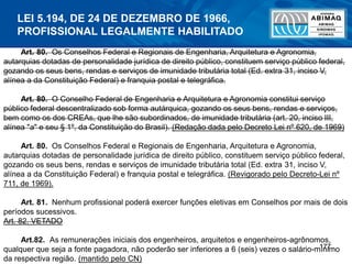 177
Art. 80. Os Conselhos Federal e Regionais de Engenharia, Arquitetura e Agronomia,
autarquias dotadas de personalidade jurídica de direito público, constituem serviço público federal,
gozando os seus bens, rendas e serviços de imunidade tributária total (Ed. extra 31, inciso V,
alínea a da Constituição Federal) e franquia postal e telegráfica.
Art. 80. O Conselho Federal de Engenharia e Arquitetura e Agronomia constitui serviço
público federal descentralizado sob forma autárquica, gozando os seus bens, rendas e serviços,
bem como os dos CREAs, que lhe são subordinados, de imunidade tributária (art. 20, inciso III,
alínea "a" e seu § 1º, da Constituição do Brasil). (Redação dada pelo Decreto Lei nº 620, de 1969)
Art. 80. Os Conselhos Federal e Regionais de Engenharia, Arquitetura e Agronomia,
autarquias dotadas de personalidade jurídica de direito público, constituem serviço público federal,
gozando os seus bens, rendas e serviços de imunidade tributária total (Ed. extra 31, inciso V,
alínea a da Constituição Federal) e franquia postal e telegráfica. (Revigorado pelo Decreto-Lei nº
711, de 1969).
Art. 81. Nenhum profissional poderá exercer funções eletivas em Conselhos por mais de dois
períodos sucessivos.
Art. 82. VETADO
Art.82. As remunerações iniciais dos engenheiros, arquitetos e engenheiros-agrônomos,
qualquer que seja a fonte pagadora, não poderão ser inferiores a 6 (seis) vezes o salário-mínimo
da respectiva região. (mantido pelo CN)
LEI 5.194, DE 24 DE DEZEMBRO DE 1966,
PROFISSIONAL LEGALMENTE HABILITADO
 