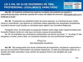 178
Art. 83. Os trabalhos profissionais relativos a projetos não poderão ser sujeitos a
concorrência de preço, devendo, quando fôr o caso, ser objeto de concurso. (Revogado pela Lei nº
8.666,de 21.6.93)
Art. 84. O graduado por estabelecimento de ensino agrícola, ou industrial de grau médio,
oficial ou reconhecido, cujo diploma ou certificado esteja registrado nas repartições competentes,
só poderá exercer suas funções ou atividades após registro nos Conselhos Regionais.
Parágrafo único. As atribuições do graduado referido neste artigo serão regulamentadas pelo
Conselho Federal, tendo em vista seus currículos e graus de escolaridade.
Art. 85. As entidades que contratarem profissionais nos termos da alínea " c " do artigo 2º são
obrigadas a manter, junto a eles, um assistente brasileiro do ramo profissional respectivo.
TÍTULO VI
Das disposições transitórias
Art. 86. São assegurados aos atuais profissionais de engenharia, arquitetura e agronomia e
aos que se encontrem matriculados nas escolas respectivas, na data da publicação desta lei, os
direitos até então usufruídos e que venham de qualquer forma a ser atingidos por suas
disposições.
LEI 5.194, DE 24 DE DEZEMBRO DE 1966,
PROFISSIONAL LEGALMENTE HABILITADO
 