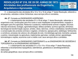 186
II - o desempenho das atividades 06 a 12 e 14 a 18 do artigo 1º desta Resolução, referente a
arruamentos, estradas e obras hidráulicas; seus serviços afins e correlatos.
Art. 5º Compete ao ENGENHEIRO AGRÔNOMO:
I - o desempenho das atividades 01 a 18 do artigo 1º desta Resolução, referentes a
engenharia rural; construções para fins rurais e suas instalações complementares; irrigação e
drenagem para fins agrícolas; fitotecnia e zootecnia; melhoramento animal e vegetal; recursos
naturais renováveis; ecologia, agrometeorologia; defesa sanitária; química agrícola; alimentos;
tecnologia de transformação (açúcar, amidos, óleos, laticínios, vinhos e destilados); beneficiamento
e conservação dos produtos animais e vegetais; zimotecnia; agropecuária; edafologia; fertilizantes
e corretivos; processo de cultura e de utilização de solo; microbiologia agrícola; biometria; parques
e jardins; mecanização na agricultura; implementos agrícolas; nutrição animal; agrostologia;
bromatologia e rações; economia rural e crédito rural; seus serviços afins e correlatos.
Art. 6º Compete ao ENGENHEIRO CARTÓGRAFO ou ao ENGENHEIRO DE GEODÉSIA E
TOPOGRAFIA ou ao ENGENHEIRO GEÓGRAFO:
I - o desempenho das atividades 01 a 12 e 14 a 18 do artigo 1º desta Resolução,
referentes a levantamentos topográficos, batimétricos, geodésicos e aerofotogramétricos;
elaboração
de cartas geográficas; seus serviços afins e correlatos.
RESOLUÇÃO Nº 218, DE 29 DE JUNHO DE 1973 -
Atividades dos profissionais da Engenharia,
Arquitetura e Agronomia.
 