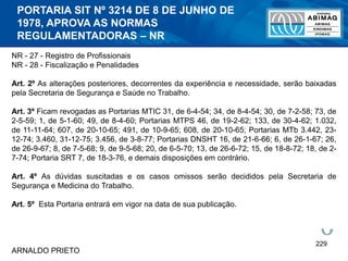 229
NR - 27 - Registro de Profissionais
NR - 28 - Fiscalização e Penalidades
Art. 2º As alterações posteriores, decorrentes da experiência e necessidade, serão baixadas
pela Secretaria de Segurança e Saúde no Trabalho.
Art. 3º Ficam revogadas as Portarias MTIC 31, de 6-4-54; 34, de 8-4-54; 30, de 7-2-58; 73, de
2-5-59; 1, de 5-1-60; 49, de 8-4-60; Portarias MTPS 46, de 19-2-62; 133, de 30-4-62; 1.032,
de 11-11-64; 607, de 20-10-65; 491, de 10-9-65; 608, de 20-10-65; Portarias MTb 3.442, 23-
12-74; 3.460, 31-12-75; 3.456, de 3-8-77; Portarias DNSHT 16, de 21-6-66; 6, de 26-1-67; 26,
de 26-9-67; 8, de 7-5-68; 9, de 9-5-68; 20, de 6-5-70; 13, de 26-6-72; 15, de 18-8-72; 18, de 2-
7-74; Portaria SRT 7, de 18-3-76, e demais disposições em contrário.
Art. 4º As dúvidas suscitadas e os casos omissos serão decididos pela Secretaria de
Segurança e Medicina do Trabalho.
Art. 5º Esta Portaria entrará em vigor na data de sua publicação.
ARNALDO PRIETO
PORTARIA SIT Nº 3214 DE 8 DE JUNHO DE
1978, APROVA AS NORMAS
REGULAMENTADORAS – NR
 
