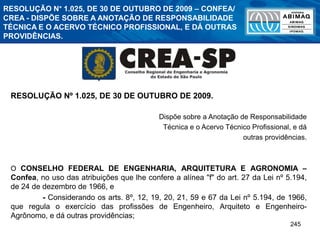 245
RESOLUÇÃO Nº 1.025, DE 30 DE OUTUBRO DE 2009.
Dispõe sobre a Anotação de Responsabilidade
Técnica e o Acervo Técnico Profissional, e dá
outras providências.
O CONSELHO FEDERAL DE ENGENHARIA, ARQUITETURA E AGRONOMIA –
Confea, no uso das atribuições que lhe confere a alínea "f" do art. 27 da Lei nº 5.194,
de 24 de dezembro de 1966, e
- Considerando os arts. 8º, 12, 19, 20, 21, 59 e 67 da Lei nº 5.194, de 1966,
que regula o exercício das profissões de Engenheiro, Arquiteto e Engenheiro-
Agrônomo, e dá outras providências;
RESOLUÇÃO N° 1.025, DE 30 DE OUTUBRO DE 2009 – CONFEA/
CREA - DISPÕE SOBRE A ANOTAÇÃO DE RESPONSABILIDADE
TÉCNICA E O ACERVO TÉCNICO PROFISSIONAL, E DÁ OUTRAS
PROVIDÊNCIAS.
 