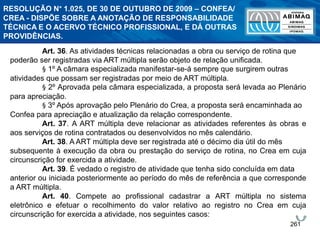 261
Art. 36. As atividades técnicas relacionadas a obra ou serviço de rotina que
poderão ser registradas via ART múltipla serão objeto de relação unificada.
§ 1º A câmara especializada manifestar-se-á sempre que surgirem outras
atividades que possam ser registradas por meio de ART múltipla.
§ 2º Aprovada pela câmara especializada, a proposta será levada ao Plenário
para apreciação.
§ 3º Após aprovação pelo Plenário do Crea, a proposta será encaminhada ao
Confea para apreciação e atualização da relação correspondente.
Art. 37. A ART múltipla deve relacionar as atividades referentes às obras e
aos serviços de rotina contratados ou desenvolvidos no mês calendário.
Art. 38. A ART múltipla deve ser registrada até o décimo dia útil do mês
subsequente à execução da obra ou prestação do serviço de rotina, no Crea em cuja
circunscrição for exercida a atividade.
Art. 39. É vedado o registro de atividade que tenha sido concluída em data
anterior ou iniciada posteriormente ao período do mês de referência a que corresponde
a ART múltipla.
Art. 40. Compete ao profissional cadastrar a ART múltipla no sistema
eletrônico e efetuar o recolhimento do valor relativo ao registro no Crea em cuja
circunscrição for exercida a atividade, nos seguintes casos:
RESOLUÇÃO N° 1.025, DE 30 DE OUTUBRO DE 2009 – CONFEA/
CREA - DISPÕE SOBRE A ANOTAÇÃO DE RESPONSABILIDADE
TÉCNICA E O ACERVO TÉCNICO PROFISSIONAL, E DÁ OUTRAS
PROVIDÊNCIAS.
 
