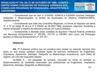 314
- Considerando que as Leis nº 4.076/62, 6.664/79 e 6.835/80 incluíram Geólogos,
Geógrafos e Meteorologistas no âmbito da fiscalização do Sistema CONFEA/CREAs,
respectivamente;
- Considerando que cabe aos Conselhos Regionais, na forma do disposto nas letras
"h“ e "o" do artigo 34 da Lei nº 5.194/66, de 24 DEZ 1966, processar, organizar, disciplinar e
manter atualizado o registro de pessoas jurídicas, em suas jurisdições;
- Considerando o decidido pelos acórdãos do Supremo Tribunal Federal, proferidos
nos Recursos Extraordinários nº 105.052, 107.751 e 108.864, bem como nos Embargos
opostos no Recurso Extraordinário nº 107.751,
RESOLVE:
Art. 1º A pessoa jurídica que se constitua para prestar ou executar serviços e/ou
obras ou que exerça qualquer atividade ligada ao exercício profissional da Engenharia,
Arquitetura, Agronomia, Geologia, Geografia ou Meteorologia enquadra-se, para efeito de
registro, em uma das seguintes classes:
CLASSE A - De prestação de serviços, execução de obras ou serviços ou
desenvolvimento de atividades reservadas aos profissionais da Engenharia, Arquitetura,
Agronomia, Geologia, Geografia ou Meteorologia;
RESOLUÇÃO Nº 336, DE 27 DE OUTUBRO DE 1989 - CONFEA –
DISPÕE SOBRE O REGISTRO DE PESSOAS JURÍDICAS NOS
CONSELHOS REGIONAIS DE ENGENHARIA, ARQUITETURA E
AGRONOMIA
 