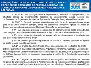 315
CLASSE B - De produção técnica especializada, industrial ou agropecuária, cuja
atividade básica ou preponderante necessite do conhecimento técnico inerente aos
profissionais da Engenharia, Arquitetura, Agronomia, Geologia, Geografia ou Meteorologia;
CLASSE C - De qualquer outra atividade que mantenha seção, que preste ou execute
para si ou para terceiros serviços, obras ou desenvolva atividades ligadas às áreas de
Engenharia, Arquitetura, Agronomia, Geologia, Geografia ou Meteorologia.
§ 1º - As empresas públicas e sociedades de economia mista serão enquadradas,
para o registro, nas classes estabelecidas neste artigo, conforme a atividade desenvolvida.
§ 2º - Uma pessoa jurídica pode ser enquadrada simultaneamente em mais de uma
das classes relacionadas neste artigo.
§ 3º - As pessoas jurídicas enquadradas na classe "C" deverão proceder ao registro
da seção técnica mantida na mesma.
Art. 2º Os órgãos da administração direta, as autarquias e as fundações de direito
público, que tenham atividades na Engenharia, Arquitetura, Agronomia, Geologia, Geografia ou
Meteorologia ou se utilizem dos trabalhos dessas categorias, deverão, sem qualquer ônus para
os CREAs, fornecer todos os elementos necessários à verificação e fiscalização do exercício
profissional.
Art. 3º O registro de pessoa jurídica é ato obrigatório de inscrição no Conselho
Regional de Engenharia, Arquitetura e Agronomia onde ela inicia suas atividades profissionais
no campo técnico da Engenharia, Arquitetura, Agronomia, Geologia, Geografia ou Meteorologia.
RESOLUÇÃO Nº 336, DE 27 DE OUTUBRO DE 1989 - CONFEA –
DISPÕE SOBRE O REGISTRO DE PESSOAS JURÍDICAS NOS
CONSELHOS REGIONAIS DE ENGENHARIA, ARQUITETURA E
AGRONOMIA
 