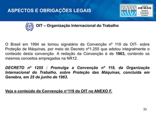 33
ASPECTOS E OBRIGAÇÕES LEGAIS
OIT – Organização Internacional do Trabalho
O Brasil em 1994 se tornou signatário da Convenção nº 119 da OIT- sobre
Proteção de Máquinas, por meio do Decreto nº1.255 que adotou integralmente o
conteúdo desta convenção. A redação da Convenção é de 1963, contendo os
mesmos conceitos empregados na NR12.
DECRETO nº 1255 : Promulga a Convenção nº 119, da Organização
Internacional do Trabalho, sobre Proteção das Máquinas, concluída em
Genebra, em 25 de junho de 1963.
Veja o conteúdo da Convenção n°119 da OIT no ANEXO F.
 