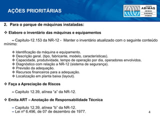 4
AÇÕES PRIORITÁRIAS
2. Para o parque de máquinas instaladas:
 Elabore o inventário das máquinas e equipamentos
– Capitulo-12.153 da NR-12 - Manter o inventário atualizado com o seguinte conteúdo
mínimo:
 Identificação da máquina e equipamento.
 Descrição geral. (tipo, fabricante, modelo, características).
 Capacidade, produtividade, tempo de operação por dia, operadores envolvidos.
 Diagnóstico com relação a NR-12 (sistema de segurança).
 Previsão da adequação.
 Recursos financeiros para a adequação.
 Localização em planta baixa (layout).
 Faça a Apreciação de Riscos
– Capitulo 12.39, alínea “a” da NR-12.
 Emita ART – Anotação de Responsabilidade Técnica
– Capitulo 12.39, alínea “b” da NR-12.
– Lei nº 6.496, de 07 de dezembro de 1977.
 