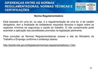 51
Norma Regulamentadora
Está baseada em uma lei, ou seja, é a regulamentação de uma lei, é de caráter
obrigatório, tem a finalidade de estabelecer requisitos técnicos e legais sobre os
aspectos mínimos de segurança e saúde do trabalho. O não cumprimento pode
acarretar a aplicação das penalidades previstas na legislação pertinente.
Para consultar as Normas Regulamentadoras acesse o site do Ministério do
Trabalho e Emprego conforme o endereço abaixo.
http://portal.mte.gov.br/legislacao/normas-regulamentadoras-1.htm
DIFERENÇAS ENTRE AS NORMAS
REGULAMENTADORAS, NORMAS TÉCNICAS E
CERTIFICAÇÕES
 
