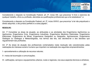 201
Considerando o disposto na Constituição Federal, art. 5º, inciso XIII, que preconiza “é livre o exercício de
qualquer trabalho, ofício ou profissão, atendidas as qualificações profissionais que a lei estabelecer”; e
Considerando o disposto na Constituição Federal, art. 5º, inciso XXXVI, que preconiza “a lei não prejudicará o
direito adquirido, o ato jurídico perfeito e a coisa julgada”;
RESOLVE:
Art. 1º Consolidar as áreas de atuação, as atribuições e as atividades dos Engenheiros Agrônomos ou
Agrônomos, Engenheiros Civis, Engenheiros Industriais, Engenheiros Mecânico Eletricistas, Engenheiros
Eletricistas, Engenheiros de Minas, Engenheiros Geógrafos ou Geógrafos, Agrimensores, Engenheiros
Geólogos ou Geólogos e Meteorologistas, nos termos das leis, dos decretos-lei e dos decretos que
regulamentam tais profissões.
Art. 2º As áreas de atuação dos profissionais contemplados nesta resolução são caracterizadas pelas
realizações de interesse social e humano que importem na realização dos seguintes empreendimentos:
I - aproveitamento e utilização de recursos naturais;
II - meios de locomoção e comunicações;
III - edificações, serviços e equipamentos urbanos, rurais e regionais, nos seus aspectos técnicos e artísticos;
 