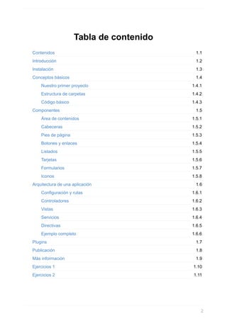 1.1
1.2
1.3
1.4
1.4.1
1.4.2
1.4.3
1.5
1.5.1
1.5.2
1.5.3
1.5.4
1.5.5
1.5.6
1.5.7
1.5.8
1.6
1.6.1
1.6.2
1.6.3
1.6.4
1.6.5
1.6.6
1.7
1.8
1.9
1.10
1.11
Tabla	de	contenido
Contenidos
Introducción
Instalación
Conceptos	básicos
Nuestro	primer	proyecto
Estructura	de	carpetas
Código	básico
Componentes
Área	de	contenidos
Cabeceras
Pies	de	página
Botones	y	enlaces
Listados
Tarjetas
Formularios
Iconos
Arquitectura	de	una	aplicación
Configuración	y	rutas
Controladores
Vistas
Servicios
Directivas
Ejemplo	completo
Plugins
Publicación
Más	información
Ejercicios	1
Ejercicios	2
2
 