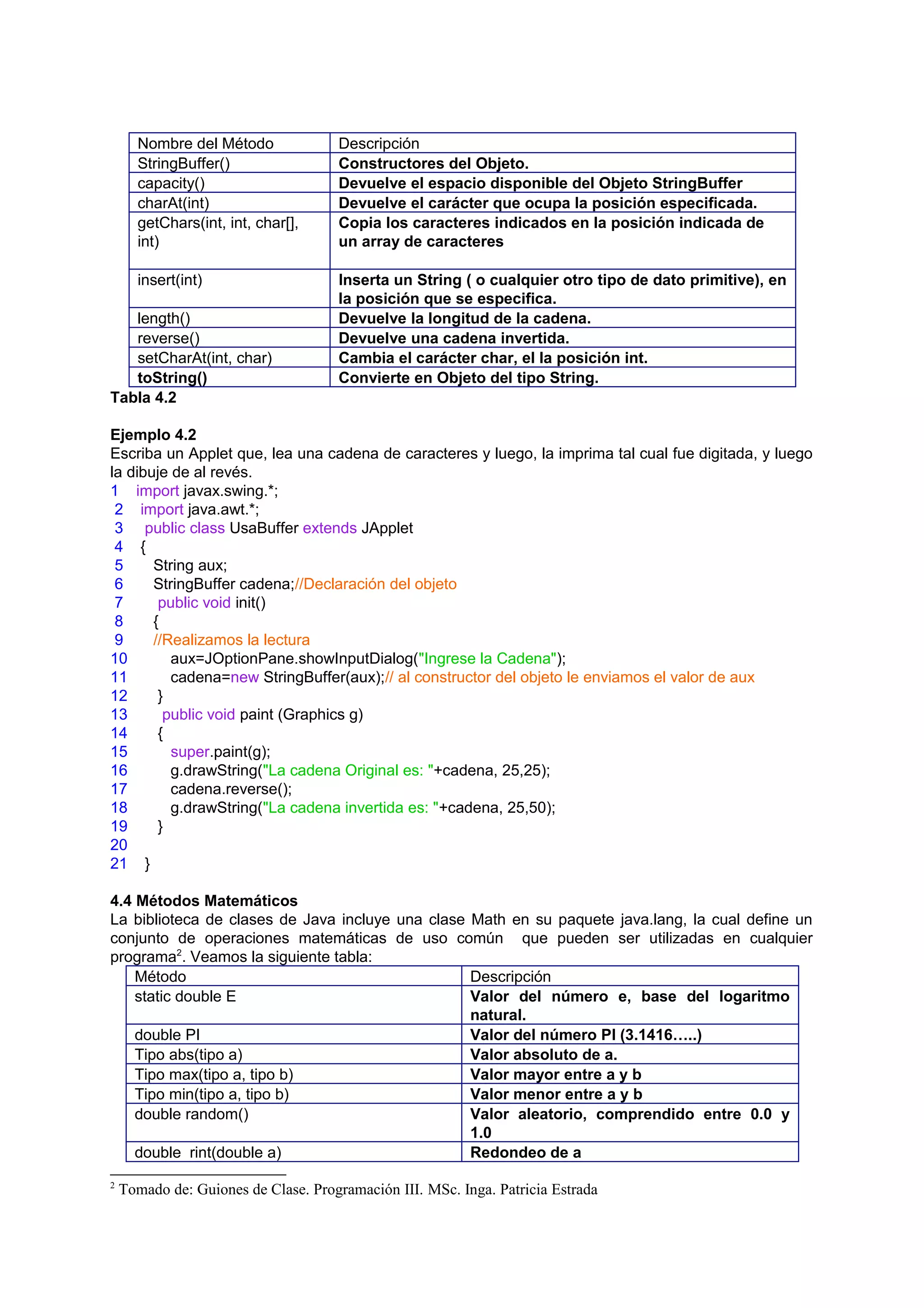 Nombre del Método              Descripción
      StringBuffer()                 Constructores del Objeto.
      capacity()                     Devuelve el espacio disponible del Objeto StringBuffer
      charAt(int)                    Devuelve el carácter que ocupa la posición especificada.
      getChars(int, int, char[],     Copia los caracteres indicados en la posición indicada de
      int)                           un array de caracteres

      insert(int)                    Inserta un String ( o cualquier otro tipo de dato primitive), en
                                     la posición que se especifica.
   length()                          Devuelve la longitud de la cadena.
   reverse()                         Devuelve una cadena invertida.
   setCharAt(int, char)              Cambia el carácter char, el la posición int.
   toString()                        Convierte en Objeto del tipo String.
Tabla 4.2

Ejemplo 4.2
Escriba un Applet que, lea una cadena de caracteres y luego, la imprima tal cual fue digitada, y luego
la dibuje de al revés.
1 import javax.swing.*;
 2 import java.awt.*;
 3 public class UsaBuffer extends JApplet
 4 {
 5     String aux;
 6     StringBuffer cadena;//Declaración del objeto
 7      public void init()
 8     {
 9     //Realizamos la lectura
10        aux=JOptionPane.showInputDialog("Ingrese la Cadena");
11        cadena=new StringBuffer(aux);// al constructor del objeto le enviamos el valor de aux
12      }
13       public void paint (Graphics g)
14      {
15        super.paint(g);
16        g.drawString("La cadena Original es: "+cadena, 25,25);
17        cadena.reverse();
18        g.drawString("La cadena invertida es: "+cadena, 25,50);
19      }
20
21 }

4.4 Métodos Matemáticos
La biblioteca de clases de Java incluye una clase Math en su paquete java.lang, la cual define un
conjunto de operaciones matemáticas de uso común que pueden ser utilizadas en cualquier
programa2. Veamos la siguiente tabla:
    Método                                        Descripción
    static double E                               Valor del número e, base del logaritmo
                                                  natural.
    double PI                                     Valor del número PI (3.1416…..)
    Tipo abs(tipo a)                              Valor absoluto de a.
    Tipo max(tipo a, tipo b)                      Valor mayor entre a y b
    Tipo min(tipo a, tipo b)                      Valor menor entre a y b
    double random()                               Valor aleatorio, comprendido entre 0.0 y
                                                  1.0
    double rint(double a)                         Redondeo de a
2
    Tomado de: Guiones de Clase. Programación III. MSc. Inga. Patricia Estrada
 