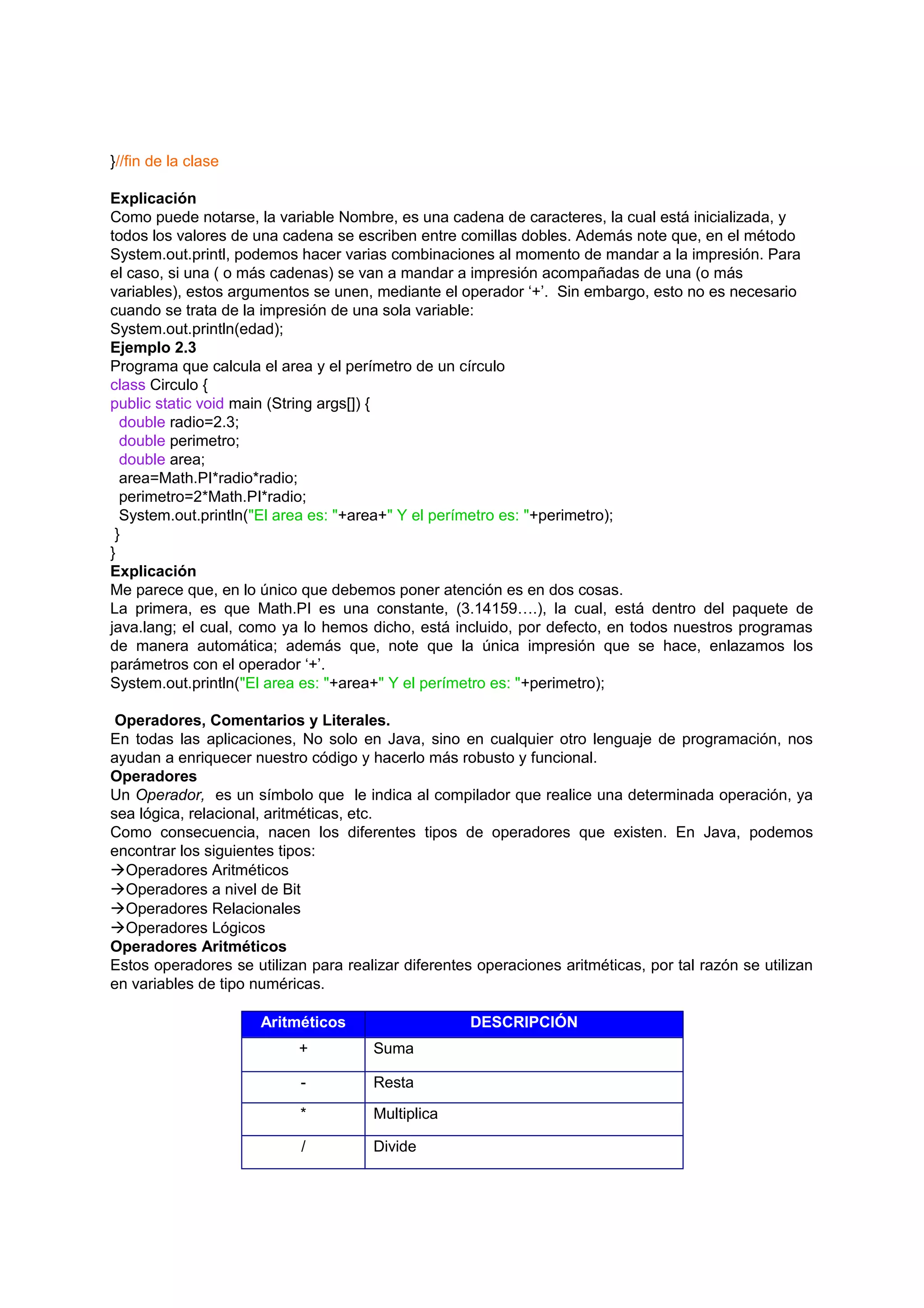 }//fin de la clase

Explicación
Como puede notarse, la variable Nombre, es una cadena de caracteres, la cual está inicializada, y
todos los valores de una cadena se escriben entre comillas dobles. Además note que, en el método
System.out.printl, podemos hacer varias combinaciones al momento de mandar a la impresión. Para
el caso, si una ( o más cadenas) se van a mandar a impresión acompañadas de una (o más
variables), estos argumentos se unen, mediante el operador ‘+’. Sin embargo, esto no es necesario
cuando se trata de la impresión de una sola variable:
System.out.println(edad);
Ejemplo 2.3
Programa que calcula el area y el perímetro de un círculo
class Circulo {
public static void main (String args[]) {
  double radio=2.3;
  double perimetro;
  double area;
  area=Math.PI*radio*radio;
  perimetro=2*Math.PI*radio;
  System.out.println("El area es: "+area+" Y el perímetro es: "+perimetro);
 }
}
Explicación
Me parece que, en lo único que debemos poner atención es en dos cosas.
La primera, es que Math.PI es una constante, (3.14159….), la cual, está dentro del paquete de
java.lang; el cual, como ya lo hemos dicho, está incluido, por defecto, en todos nuestros programas
de manera automática; además que, note que la única impresión que se hace, enlazamos los
parámetros con el operador ‘+’.
System.out.println("El area es: "+area+" Y el perímetro es: "+perimetro);

 Operadores, Comentarios y Literales.
En todas las aplicaciones, No solo en Java, sino en cualquier otro lenguaje de programación, nos
ayudan a enriquecer nuestro código y hacerlo más robusto y funcional.
Operadores
Un Operador, es un símbolo que le indica al compilador que realice una determinada operación, ya
sea lógica, relacional, aritméticas, etc.
Como consecuencia, nacen los diferentes tipos de operadores que existen. En Java, podemos
encontrar los siguientes tipos:
Operadores Aritméticos
Operadores a nivel de Bit
Operadores Relacionales
Operadores Lógicos
Operadores Aritméticos
Estos operadores se utilizan para realizar diferentes operaciones aritméticas, por tal razón se utilizan
en variables de tipo numéricas.

                      Aritméticos                    DESCRIPCIÓN
                           +          Suma

                            -         Resta

                            *         Multiplica

                            /         Divide
 
