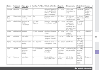 Cultivo   Resistencia  Mejor Época de Semillas Por/10 m. Método de Siembra            Distancia      Días a cosecha    Rendimiento Favorece
          A Heladas    Plantación                                                     Plantación                       10/m2       asociar con
Lechuga   Resistente   Todo el año     1g                Almácigo: Trasplantar        20 X 20 cm     50 – 70 días      100 Plantas Repollo
                                                         con 4 hojas. Directo:                       Cortar la planta              Zanahoria
                                                         en líneas a chorrillo”,                     al ras.                       Acelga
                                                         ralear y trasplantar                                                      Rabanito
Maíz      Muy sensible Octubre a Enero 10 g              Directo: en surcos o         30 X 80 cm     90 – 100 días     70 Plantas  Zapallo
Dulce                  Con riego                         Canteros.                                   Grano tierno para 350 choclos Porotos
                                                                                                     comer “Choclo” aprox.
Melón     Muy sensible Mediados de       1½ g cada           Directo en “casillas” 2 a 50 X 150 cm   3 a 5 meses       10 melones
                       Octubre           10 plantas          3 semillas por “casilla”.               después siem-     de 1½ kg
                       y Noviembre                                                                   bra. El fruto se  cada uno
                                                                                                     desprende de la
                                                                                                     planta y tiene un
                                                                                                     buen aroma
Morrón    Muy sensible Primavera.        5 g cada 25 plantas Almácigo: Trasplante     40 X 70 cm     60 - 75 días      20 Kg.      Zanahoria
                                                             4 hojas                                 después
                                                                                                     trasplante.
Nabo      Resistente    Todo el año      2g                  Directo: en surcos a     5 X 10 cm      30 a 45 días.     60 a 80                   53
                                                             “Golpes” o “Chorrillo”                                    atados de 6
                                                                                                                       nabos c/u.
Pepino    Muy sensible Primavera hasta   1½ g 10 plantas     Directo en casillas 2 a 50 X 150 cm     50 a 70 días.     10 a 12 kg
                       Febrero.                              3 semillas por “casilla”                                  en cosecha
                                                                                                                       escalonada,
                                                                                                                       en 2 meses
Papa      Sensible      Primavera:       1 ½ kg cortada en   Directo sobre            30 X 70 cm     90 a 100 días ver 10 a 20 kg
                        Setiembre        trozos.             “camellones”             Formar un      planta madura.    se puede
                        Otoño:                               bien altos.              buen                             conservar
                        Febrero                                                       “camellón”                       varios
                                                                                                                       meses.
Perejil   Resistente    Todo el año      5g                  Directo al Voleo o en    1 X 10 cm o    60 – 90 días.     50 a 100    Zanahoria
                                                             Líneas a “Chorrillo”     al voleo.      Primer corte.     atados de
                                                                                                                       300 g en
                                                                                                                       varios
                                                                                                                       cortes.
 