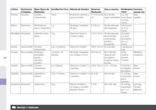 Cultivo     Resistencia   Mejor Época de Semillas Por/10 m. Método de Siembra             Distancia    Días a cosecha     Rendimiento    Favorece
                 A Heladas     Plantación                                                      Plantación                      10/m2          asociar con
     Porotos     Sensible      Octubre        100 g              Directo en canteros o         5–10 X 50–60 80 a 90 días       2 a 3 kg       Maíz
                               a Noviembre                       surcos en línea               cm           según variedades   secos duran    Zapallos
                                                                                                                               muchos
                                                                                                                               meses
     Puerro      Resistente    Almácigos en:     2g                  Almácigo: Trasplante      5 X 20 cm.   90 días después    500 Puerros
                               Junio y Setiembre                     90 días.                               del trasplante.    en 3 a 4
                                                                                                                               meses
     Remolacha Resistente      Setiembre hasta   15 g                Directo: al “Voleo” o     5-10 X 10 cm 90 días después    30 atados
                               Marzo.                                “Líneas” y ralear.                     de la siembra      c/u de 8
                                                                                                            cosechando,        Remolacha
                                                                                                            primero            de 1 a 2
                                                                                                            las grandes        meses
     Sandía      Muy sensible Octubre            2 g 3 a 4 plantas   Directo en “casillas”     100 X 150 cm 85 a 90 días       6 sandías de
                              y Noviembre                                                                                      6 kg
     Tomate      Muy sensible Almácigos          1 g Aprox. 30       Almácigo: Trasplante      50 X 50 cm   80 a 100 días      30 kg          Albahaca
                              protegidos         Semillas            con 4 hojas o 10 cm.                   después del        cosecha        Zanahoria
54                            Agosto.                                                                       transplante.       durante
                              Aire libre:                                                                   Cosechar todos     3 meses
                              Octubre                                                                       los días.
     Zapallo     Muy sensible Octubre            4 g 5 plantas       Directo en “casillas” 2 a 100 X 100 cm 120 – 150 días     15 kg De 3     Maíz
                              y Noviembre                            3 semillas                                                a 4 zapallos   Poroto
                                                                                                                               por planta.
     Zapallito   Muy sensible Setiembre a        10 g 15 Plantas.    Directo en “casillas” 2 a 60 X 60      60 a 90 días       15 a 20 kg     Maíz
                              Febrero                                3 semillas                                                Cosechado      Poroto
                                                                                                                               por 8
                                                                                                                               semanas.
     Zanahoria Resistente      Todo el año       10 g                Directo: “al voleo o      5 X 30       90 a 120 días.     25 a 30 kg     Lechuga
                                                                     En “Líneas a chorrillo”                                   Cosechado      Tomate
                                                                     después “Ralear”                                          por 1 a 2      Rabanito
                                                                                                                               meses
 