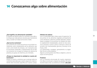 14 Conozcamos algo sobre alimentación




¿Qué significa una alimentación saludable?                  Hidratos de carbono
Es aquella que aporta todos los nutrientes esenciales y     Son el combustible ideal y básico para el organismo. Se      61
la energía que cada persona necesita para mantenerse        encuentran en los alimentos vegetales principalmente
sana y cumplir con todas las funciones vitales.             como almidones y dextrinas, también llamados carbohi-
                                                            dratos complejos. Se encuentran los hidratos de carbo-
¿Qué son los nutrientes?                                    no rápidamente metabolizables, siendo los más comu-
Los nutrientes son sustancias químicas consumidas nor-      nes la sacarosa o azúcar común, la lactosa o azúcar de
malmente como componentes de los alimentos, que             la leche y los monosacáridos glucosa y fructosa, en las
sirven como fuente de energía y son necesarios para         frutas y miel.
el crecimiento, desarrollo y mantenimiento de la vida.      Los polisacáridos complejos, generalmente no digeri-
Los nutrientes son: el agua, los hidratos de carbono, las   bles, forman la fibra dietética.
proteínas, las grasas, las vitaminas y los minerales.       Algunos constituyentes de la fibra se digieren y otros lo
                                                            hacen en forma parcial.
¿Porque es importante la variedad en nuestra ali-
mentación?                                                  Proteínas
Porque no existe un alimento que contenga todos los         Son lo nutrientes estructurales de nuestro organismo.
nutrientes esenciales para nuestro organismo. Cada nu-      Con ellas se construyen y reparan las pérdidas de tejidos
triente tiene funciones específicas en nuestro cuerpo.      durante toda la vida. Las proteínas se dividen: alto valor
 
