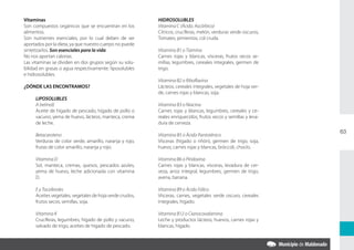 Vitaminas                                                 HIDROSOLUBLES
Son compuestos orgánicos que se encuentran en los         Vitamina C (Ácido. Ascórbico)
alimentos.                                                Cítricos, crucíferas, melón, verduras verde oscuros,
Son nutrientes esenciales, por lo cual deben de ser       Tomates, pimientos, col cruda.
aportados por la dieta, ya que nuestro cuerpo no puede
sintetizarlos. Son esenciales para la vida.               Vitamina B1 o Tiamina
No nos aportan calorías.                                  Carnes rojas y blancas, vísceras, frutos secos se-
Las vitaminas se dividen en dos grupos según su solu-     millas, legumbres, cereales integrales, germen de
bilidad en grasas o agua respectivamente: liposolubles    trigo.
e hidrosolubles.
                                                          Vitamina B2 o Riboflavina
¿DÓNDE LAS ENCONTRAMOS?                                   Lácteos, cereales integrales, vegetales de hoja ver-
                                                          de, carnes rojas y blancas, soja.
     LIPOSOLUBLES
     A (retinol)                                          Vitamina B3 o Niacina
     Aceite de hígado de pescado, hígado de pollo o       Carnes rojas y blancas, legumbres, cereales y ce-
     vacuno, yema de huevo, lácteos, manteca, crema       reales enriquecidos, frutos secos y semillas y leva-
     de leche.                                            dura de cerveza.
                                                                                                                 63
     Betacaroteno                                         Vitamina B5 o Ácido Pantoténico
     Verduras de color verde, amarillo, naranja y rojo,   Vísceras (hígado o riñón), germen de trigo, soja,
     frutas de color amarillo, naranja y rojo.            huevo, carnes rojas y blancas, bróccoli, choclo.

     Vitamina D                                           Vitamina B6 o Piridoxina
     Sol, manteca, cremas, quesos, pescados azules,       Carnes rojas y blancas, vísceras, levadura de cer-
     yema de huevo, leche adicionada con vitamina         veza, arroz integral, legumbres, germen de trigo,
     D.                                                   avena, banana.

     E y Tocoferoles                                      Vitamina B9 o Ácido Fólico
     Aceites vegetales, vegetales de hoja verde crudos,   Vísceras, carnes, vegetales verde oscuro, cereales
     frutos secos, semillas, soja.                        integrales, hígado.

     Vitamina K                                           Vitamina B12 o Cianocovalamina
     Crucíferas, legumbres, hígado de pollo y vacuno,     Leche y productos lácteos, huevos, carnes rojas y
     salvado de trigo, aceites de hígado de pescado.      blancas, hígado.
 