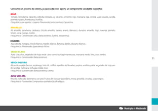 Consumir un arco iris de colores, ya que cada color aporta un componente saludable específico

ROJO
Tomate, remolacha, rabanito, cebolla colorada, ají picante, pimiento rojo, manzana roja, cereza, uvas rosadas, sandía,
pomelo rosado, frambuesa, frutilllas.
Fitoquímico que aporta: Licopeno Flavonoides (antocianinas) Capsaicina.

AMARILLO
Ají amarillo, zanahoria, calabaza, choclo amarillo, batata, ananá, damasco, durazno amarillo, higo, naranja, pomelo,
limón, pera, mango, melón.
Fitoquímico: Carotenoides (alfa y betacarotenos, luteína, zeaxantina).

BLANCO
Ajo, cebolla, hongos, choclo blanco, repollo blanco. Banana, dátiles, durazno blanco.
Fitoquímico : Flavonoides (quercetina) Alicina

VERDE CLARO
Apio, chauchas, vegetales de hoja verde claro como lechuga mantecosa, manzana verde, lima, uvas verdes.
Fitoquímico: Carotenoides (betacarotenos).
                                                                                                                                  71
VERDE OSCURO
Ají verde, arvejas frescas, espárrago, brócoli, coliflor, repollito de Bruselas, pepino, endibia, palta, vegetales de hoja ver-
de (acelga, espinaca, lechuga criolla), kiwi.
Fitoquímico : Carotenoides (betacarotenos, luteína.

AZUL VIOLETA
Repollo colorado, berenjena con piel. Frutos del bosque (arándano, mora, grosella), ciruelas, uvas negras.
Fitoquímico: Flavonoides Compuestos azufrados (ácido elágico.
 