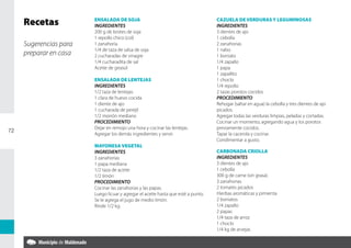 Recetas            ENSALADA DE SOJA
                        INGREDIENTES
                                                                                   CAZUELA DE VERDURAS Y LEGUMINOSAS
                                                                                   INGREDIENTES
                        200 g de brotes de soja                                    3 dientes de ajo
                        1 repollo chico (col)                                      1 cebolla
     Sugerencias para   1 zanahoria                                                2 zanahorias
                        1/4 de taza de salsa de soja                               1 nabo
     preparar en casa   2 cucharadas de vinagre                                    1 boniato
                        1/4 cucharadita de sal                                     1/4 zapallo
                        Aceite de girasol                                          1 papa
                                                                                   1 zapallito
                        ENSALADA DE LENTEJAS                                       1 choclo
                        INGREDIENTES                                               1/4 repollo
                        1/2 taza de lentejas                                       2 tazas porotos cocidos
                        1 clara de huevo cocida                                    PROCEDIMIENTO
                        1 diente de ajo                                            Rehogar (saltar en agua) la cebolla y tres dientes de ajo
                        1 cucharada de perejil                                     picados.
                        1/2 morrón mediano                                         Agregar todas las verduras limpias, peladas y cortadas.
                        PROCEDIMIENTO                                              Cocinar un momento, agregando agua y los porotos
                        Dejar en remojo una hora y cocinar las lentejas.           previamente cocidos.
72
                        Agregar los demás ingredientes y servir.                   Tapar la cacerola y cocinar.
                                                                                   Condimentar a gusto.
                        MAYONESA VEGETAL
                        INGREDIENTES                                               CARBONADA CRIOLLA
                        3 zanahorias                                               INGREDIENTES
                        1 papa mediana                                             3 dientes de ajo
                        1/2 taza de aceite                                         1 cebolla
                        1/2 limón                                                  300 g de carne (sin grasa).
                        PROCEDIMIENTO                                              3 zanahorias
                        Cocinar las zanahorias y las papas.                        2 tomates picados
                        Luego licuar y agregar el aceite hasta que esté a punto.   Hierbas aromáticas y pimienta
                        Se le agrega el jugo de medio limón.                       2 boniatos
                        Rinde 1/2 kg.                                              1/4 zapallo
                                                                                   2 papas
                                                                                   1/4 taza de arroz
                                                                                   1 choclo
                                                                                   1/4 kg de arvejas
 