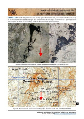 26
Caderno de Apontamentos de Formação de Combatentes * Edição 2013
Emanuel de Oliveira * formacao.incendiosflorestais@gmail.com
Depressão:Nacartatopográficaascurvasdenívelapresentam-sefechadas,comasdemaiorcotaenvolvendo
as de menor cota, ao inverso da elevação. São características do relevo que assemelham-se a grandes buracos
naturais (não resultam de escavações), sendo muito comuns em terrenos cársicos.
Figura 19 - Representação da Depressão. Fonte da Imagem Base: Google Earth. ELABORAÇÃO PRÓPRIA
Figura 20 - Representação da Depressão na Carta Topográfica. Mapa: IGN España 2009. ELABORAÇÃO PRÓPRIA
 