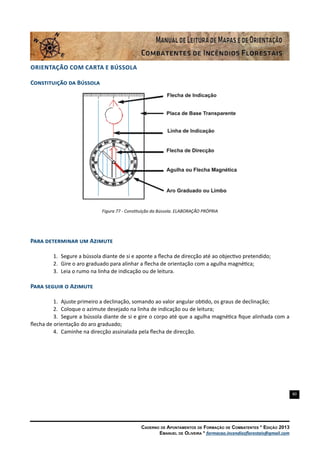 80
Caderno de Apontamentos de Formação de Combatentes * Edição 2013
Emanuel de Oliveira * formacao.incendiosflorestais@gmail.com
Orientação com Carta e Bússola
Constituição da Bússola
Figura 77 - Constituição da Bússola. ELABORAÇÃO PRÓPRIA
Para determinar um Azimute
1.	 Segure a bússola diante de si e aponte a flecha de direcção até ao objectivo pretendido;
2.	 Gire o aro graduado para alinhar a flecha de orientação com a agulha magnética;
3.	 Leia o rumo na linha de indicação ou de leitura.
Para seguir o Azimute
1.	 Ajuste primeiro a declinação, somando ao valor angular obtido, os graus de declinação;
2.	 Coloque o azimute desejado na linha de indicação ou de leitura;
3.	 Segure a bússola diante de si e gire o corpo até que a agulha magnética fique alinhada com a
flecha de orientação do aro graduado;
4.	 Caminhe na direcção assinalada pela flecha de direcção.
 