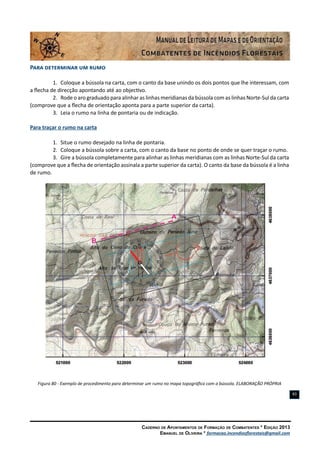 Caderno de Apontamentos de Formação de Combatentes * Edição 2013
Emanuel de Oliveira * formacao.incendiosflorestais@gmail.com
83
Para determinar um rumo
1.	 Coloque a bússola na carta, com o canto da base unindo os dois pontos que lhe interessam, com
a flecha de direcção apontando até ao objectivo.
2.	 Rode o aro graduado para alinhar as linhas meridianas da bússola com as linhas Norte-Sul da carta
(comprove que a flecha de orientação aponta para a parte superior da carta).
3.	 Leia o rumo na linha de pontaria ou de indicação.
Para traçar o rumo na carta
1.	 Situe o rumo desejado na linha de pontaria.
2.	 Coloque a bússola sobre a carta, com o canto da base no ponto de onde se quer traçar o rumo.
3.	 Gire a bússola completamente para alinhar as linhas meridianas com as linhas Norte-Sul da carta
(comprove que a flecha de orientação assinala a parte superior da carta). O canto da base da bússola é a linha
de rumo.
Figura 80 - Exemplo de procedimento para determinar um rumo no mapa topográfico com a bússola. ELABORAÇÃO PRÓPRIA
 