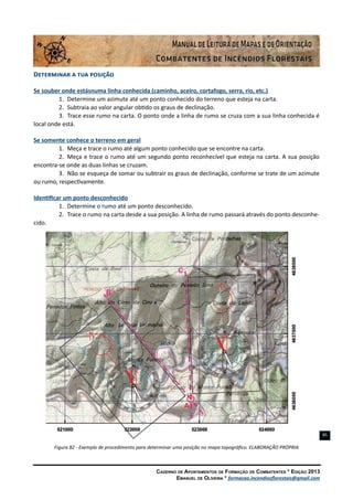 Caderno de Apontamentos de Formação de Combatentes * Edição 2013
Emanuel de Oliveira * formacao.incendiosflorestais@gmail.com
85
Determinar a tua posição
Se souber onde estásnuma linha conhecida (caminho, aceiro, cortafogo, serra, rio, etc.)
1.	 Determine um azimute até um ponto conhecido do terreno que esteja na carta.
2.	 Subtraia ao valor angular obtido os graus de declinação.
3.	 Trace esse rumo na carta. O ponto onde a linha de rumo se cruza com a sua linha conhecida é
local onde está.
Se somente conhece o terreno em geral
1.	 Meça e trace o rumo até algum ponto conhecido que se encontre na carta.
2.	 Meça e trace o rumo até um segundo ponto reconhecível que esteja na carta. A sua posição
encontra-se onde as duas linhas se cruzam.
3.	 Não se esqueça de somar ou subtrair os graus de declinação, conforme se trate de um azimute
ou rumo, respectivamente.
Identificar um ponto desconhecido
1.	 Determine o rumo até um ponto desconhecido.
2.	 Trace o rumo na carta desde a sua posição. A linha de rumo passará através do ponto desconhe-
cido.
Figura 82 - Exemplo de procedimento para determinar uma posição no mapa topográfico. ELABORAÇÃO PRÓPRIA
 