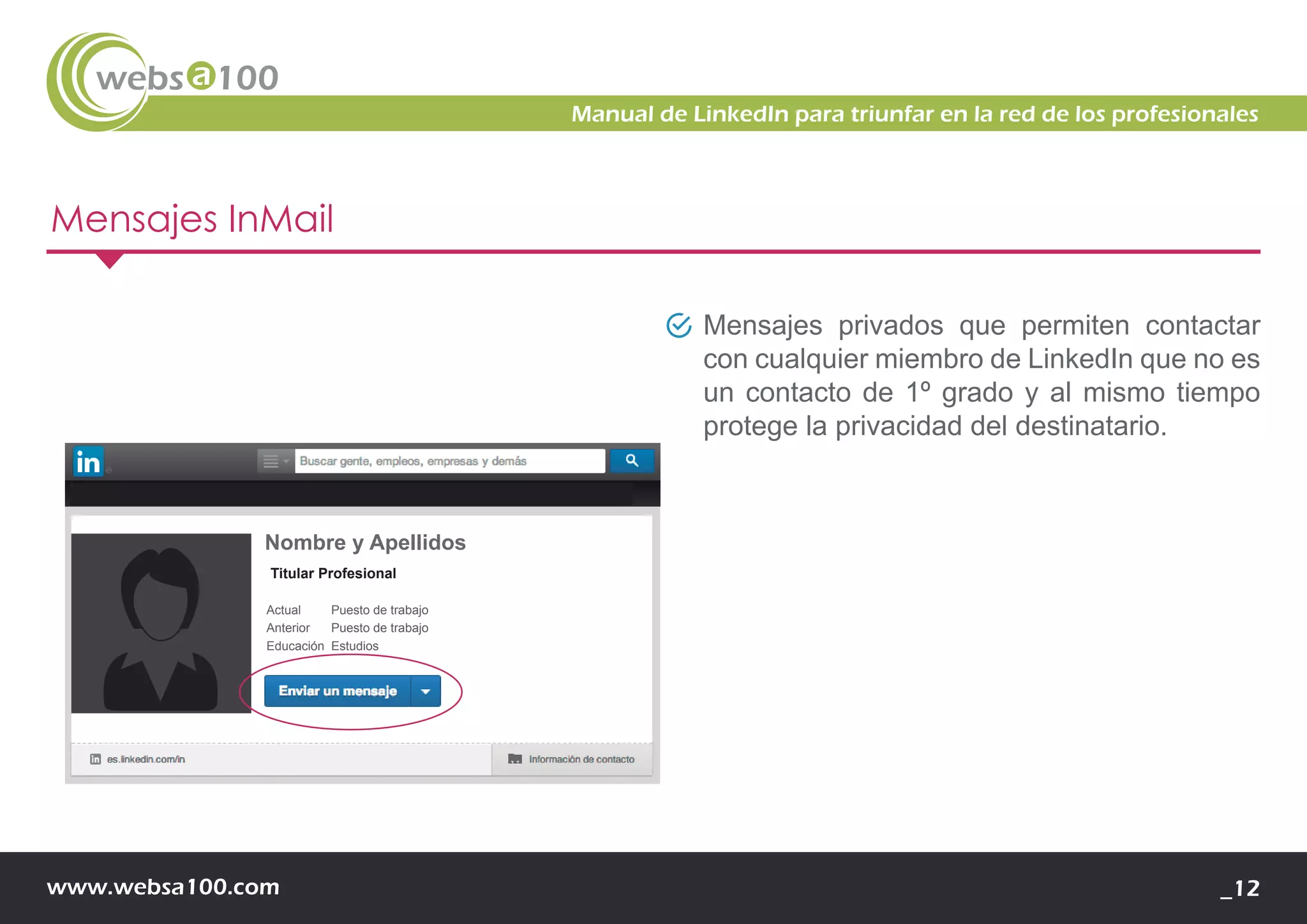 www.websa100.com _12
Manual de LinkedIn para triunfar en la red de los profesionales
Mensajes InMail
Mensajes privados que permiten contactar
con cualquier miembro de LinkedIn que no es
un contacto de 1º grado y al mismo tiempo
protege la privacidad del destinatario.
Nombre y Apellidos
Titular Profesional
Actual Puesto de trabajo
Anterior Puesto de trabajo
Educación Estudios
 