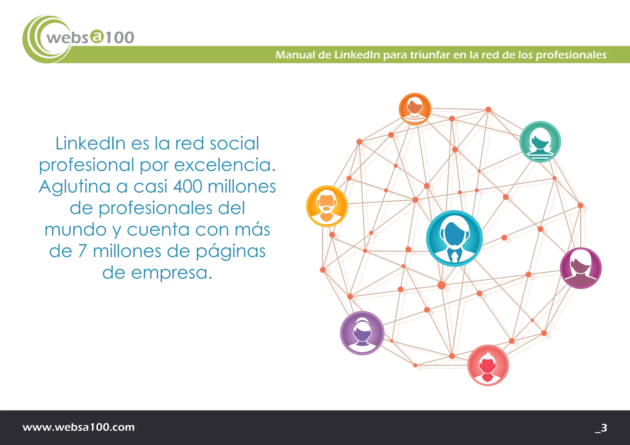 www.websa100.com _3
Manual de LinkedIn para triunfar en la red de los profesionales
LinkedIn es la red social
profesional por excelencia.
Aglutina a casi 400 millones
de profesionales del
mundo y cuenta con más
de 7 millones de páginas
de empresa.
 