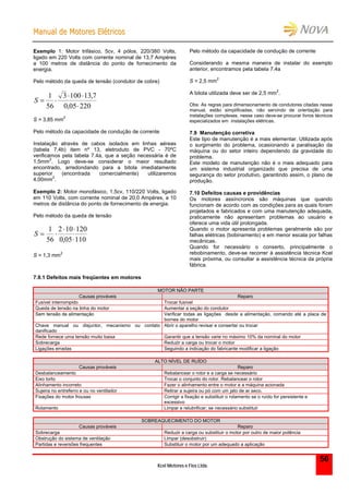 MMaannuuaall ddee MMoottoorreess EEllééttrriiccooss
Kcel Motores e Fios Ltda.
56
Exemplo 1: Motor trifásico, 5cv, 4 pólos, 220/380 Volts,
ligado em 220 Volts com corrente nominal de 13,7 Ampéres
a 100 metros de distância do ponto de fornecimento da
energia.
Pelo método da queda de tensão (condutor de cobre)
S  
 

1
56
3 100 13 7
0 05 220
,
,
S = 3,85 mm
2
Pelo método da capacidade de condução de corrente
Instalação através de cabos isolados em linhas aéreas
(tabela 7.4b) item nº 13, eletroduto de PVC - 70ºC
verificamos pela tabela 7.4a, que a seção necessária é de
1,5mm
2
. Logo deve-se considerar o maior resultado
encontrado, arredondando para a bitola imediatamente
superior (encontrada comercialmente) utilizaremos
4,00mm
2
.
Exemplo 2: Motor monofásico, 1,5cv, 110/220 Volts, ligado
em 110 Volts, com corrente nominal de 20,0 Ampéres, a 10
metros de distância do ponto de fornecimento de energia.
Pelo método da queda de tensão
S  
 

1
56
2 10 120
0 05 110,
S = 1,3 mm
2
Pelo método da capacidade de condução de corrente
Considerando a mesma maneira de instalar do exemplo
anterior, encontramos pela tabela 7.4a
S = 2,5 mm
2
A bitola utilizada deve ser de 2,5 mm
2
.
Obs: As regras para dimensionamento de condutores citadas nesse
manual, estão simplificadas, não servindo de orientação para
instalações complexas, nesse caso deve-se procurar livros técnicos
especializados em instalações elétricas.
7.9 Manutenção corretiva
Este tipo de manutenção é a mais elementar. Utilizada após
o surgimento do problema, ocasionando a paralisação da
máquina ou do setor inteiro dependendo da gravidade do
problema.
Este modelo de manutenção não é o mais adequado para
um sistema industrial organizado que precisa de uma
segurança do setor produtivo, garantindo assim, o plano de
produção.
7.10 Defeitos causas e providências
Os motores assíncronos são máquinas que quando
funcionam de acordo com as condições para as quais foram
projetados e fabricados e com uma manutenção adequada,
praticamente não apresentam problemas ao usuário e
oferece uma vida útil prolongada.
Quando o motor apresenta problemas geralmente são por
falhas elétricas (bobinamento) e em menor escala por falhas
mecânicas.
Quando for necessário o conserto, principalmente o
rebobinamento, deve-se recorrer à assistência técnica Kcel
mais próxima, ou consultar a assistência técnica da própria
fábrica.
7.9.1 Defeitos mais freqüentes em motores
MOTOR NÃO PARTE
Causas prováveis Reparo
Fusível interrompido Trocar fusível
Queda de tensão na linha do motor Aumentar a seção do condutor
Sem tensão de alimentação Verificar todas as ligações desde a alimentação, comando até a placa de
bornes do motor
Chave manual ou disjuntor, mecanismo ou contato
danificado
Abrir o aparelho revisar e consertar ou trocar
Rede fornece uma tensão muito baixa Garantir que a tensão varie no máximo 10% da nominal do motor
Sobrecarga Reduzir a carga ou trocar o motor
Ligações erradas Seguindo a indicação do fabricante modificar a ligação
ALTO NÍVEL DE RUÍDO
Causas prováveis Reparo
Desbalanceamento Rebalancear o rotor e a carga se necessário
Eixo torto Trocar o conjunto do rotor. Rebalancear o rotor
Alinhamento incorreto Fazer o alinhamento entre o motor e a máquina acionada
Sujeira no entreferro e ou no ventilador Retirar a sujeira ou pó com um jato de ar seco.
Fixações do motor frouxas Corrigir a fixação e substituir o rolamento se o ruído for persistente e
excessivo
Rolamento Limpar e relubrificar; se necessário substituir
SOBREAQUECIMENTO DO MOTOR
Causas prováveis Reparo
Sobrecarga Reduzir a carga ou substituir o motor por outro de maior potência
Obstrução do sistema de ventilação Limpar (desobstruir)
Partidas e reversões frequentes Substituir o motor por um adequado a aplicação
 
