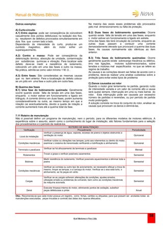 MMaannuuaall ddee MMoottoorreess EEllééttrriiccooss
Kcel Motores e Fios Ltda.
58
Outros exemplos:
A) Curto-circuito
A.1) Entre espiras: pode ser conseqüência de coincidirem
casualmente dois pontos defeituosos na isolação dos fios,
ou resultarem de defeitos provocados simultaneamente em
dois fios que correm lado a lado.
Dependendo da intensidade do curto, produz-se um
zumbido magnético, além do motor sofrer um
superaquecimento.
A.2) Contra a massa: Pode ser conseqüência da
deterioração térmica, absorção de umidade, contaminação
por substâncias químicas e vibração. Para localizar este
defeito deve-se medir a resistência de isolamento,
colocando um pólo em uma das fases e outro na massa.
Na prática, admite-se como valor mínimo 1 M.  .
A.3) Entre fases: São consideradas as mesmas causas
que no item anterior. Para a localização do defeito coloca-
se um pólo em uma fase e outro pólo em outra fase.
B) Queima das fases
B.1) Uma fase do bobinamento queimada: Geralmente
ocorre quando existe falta de tensão em uma das fases,
enquanto o motor estiver em funcionamento e ligado em
triângulo. A corrente diminui em duas fases, porém aumenta
consideravelmente na outra, ao mesmo tempo em que a
rotação cai acentuadamente, devido a queda de rotação a
corrente aumentará mais até a queima total da fase.
Na maioria das vezes esses problemas são provocados
pelo mal dimensionamento ou falta de proteção.
B.2) Duas fases do bobinamento queimadas: Ocorre
quando existe falta de tensão em uma das fases, enquanto
o motor estiver em funcionamento e ligado em estrela.
Uma das fases não terá circulação de corrente, enquanto as
outras duas passam a conduzir uma corrente
demasiadamente elevada que provocará a queima das duas
fases. As causas normalmente são idênticas ao item
anterior.
B.3) Três fases do bobinamento queimadas: Ocorre
geralmente quando existe sobrecarga mecânica ou elétrica,
erro nas ligações, motores subdimensionados, sobre
tensões e motores mal especificados no que se refere ao
regime de trabalho.
As causas e as correções devem ser feitas de acordo com o
problema, deve-se realizar uma analise cuidadosa sobre a
proteção para evitar estes tipos de problema
C) Danos causados ao rotor
Quando o motor girar lentamente na partida, gerando ruído
de intensidade variada e um valor de corrente alto a causa
será quase sempre, interrupção em uma ou mais barras do
rotor. Esta interrupção pode ser causada por excessivo
número de partidas e reversões, ou por período de partida
muito prolongado.
A solução consiste na troca do conjunto do rotor, analisar as
causas que provocam os danos e eliminá-las.
7.11 Roteiro de manutenção
Não é possível definir um programa de manutenção, nem o período, para os diferentes modelos de motores elétricos. A
experiência sobre o assunto, assim como o conhecimento do lugar de instalação, são fatores fundamentais para a seleção
dos procedimentos e o período de realizá-los.
ROTEIRO DE MANUTENÇÃO
Verificação Procedimento Periodicidade
Local da instalação
Verificar a presença de água, vapores, excesso de poeira e objetos obstruindo a
ventilação do motor Quinzenal
Condições mecânicas
Verificar ruídos ou vibrações nas tampas, junto aos rolamentos ou dentro do motor,
examinar o sistema de transmissão verificando a lubrificação e alinhamento Quinzenal
Terminais e parafusos
Verificar se há afrouxamento de terminais e parafusos
Mensal
Rolamentos
Trocar a graxa e verificar possíveis vazamentos
Semestral
Bobinas
Medir resistência do isolamento. Verificar possíveis aquecimentos e eliminar toda a
poeira Semestral
Condições mecânicas
Verificar as correias ou outro tipo de acionamento, se necessário efetuar a troca do
mesmo, limpar as tampas, e a carcaça do motor. Verificar se o eixo está torto, o
alinhamento, se há peças em atrito
Semestral
Cargas
Verificar se as cargas sofreram alterações de condições, ajustes errados,
utilização errada ou problemas de comando, bem como as condições mecânicas
da máquina acionada.
Semestral
Geral
Executar limpeza interna do motor, eliminando pontos de oxidação, substituir
peças defeituosas e pintar. Anual
Obs.: Recomenda-se que cada motor possua um registro, como fichas, cartões ou etiquetas, para que possam ser anotadas todas as
manutenções executadas, peças trocadas e controle das datas dos reparos efetuados.
 