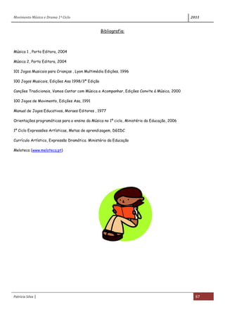 Movimento Música e Drama 1º Ciclo 2011
Patrícia Silva | 67
Bibliografia:
Música 1 , Porto Editora, 2004
Música 2, Porto Editora, 2004
101 Jogos Musicais para Crianças , Lyon Multimédia Edições, 1996
100 Jogos Musicais, Edições Asa 1998/3ª Edição
Canções Tradicionais, Vamos Cantar com Música a Acompanhar, Edições Convite á Música, 2000
100 Jogos de Movimento, Edições Asa, 1991
Manual de Jogos Educativos, Moraes Editores , 1977
Orientações programáticas para o ensino da Música no 1º ciclo, Ministério da Educação, 2006
1º Ciclo Expressões Artísticas, Metas de aprendizagem, DGIDC
Currículo Artístico, Expressão Dramática. Ministério da Educação
Meloteca (www.meloteca.pt)
 