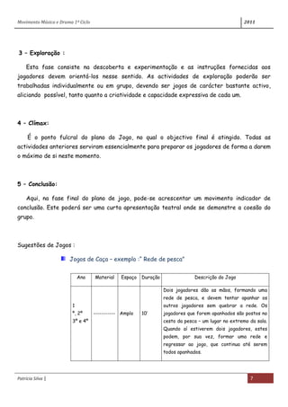 Movimento Música e Drama 1º Ciclo 2011
Patrícia Silva | 7
3 – Exploração :
Esta fase consiste na descoberta e experimentação e as instruções fornecidas aos
jogadores devem orientá-los nesse sentido. As actividades de exploração poderão ser
trabalhadas individualmente ou em grupo, devendo ser jogos de carácter bastante activo,
aliciando possível, tanto quanto a criatividade e capacidade expressiva de cada um.
4 – Clímax:
É o ponto fulcral do plano do Jogo, no qual o objectivo final é atingido. Todas as
actividades anteriores serviram essencialmente para preparar os jogadores de forma a darem
o máximo de si neste momento.
5 – Conclusão:
Aqui, na fase final do plano de jogo, pode-se acrescentar um movimento indicador de
conclusão. Este poderá ser uma curta apresentação teatral onde se demonstre a coesão do
grupo.
Sugestões de Jogos :
Jogos de Caça – exemplo :“ Rede de pesca”
Ano Material Espaço Duração Descrição do Jogo
1
º, 2º
3º e 4º
----------- Amplo 10’
Dois jogadores dão as mãos, formando uma
rede de pesca, e devem tentar apanhar os
outros jogadores sem quebrar a rede. Os
jogadores que forem apanhados são postos no
cesto da pesca – um lugar no extremo da sala.
Quando aí estiverem dois jogadores, estes
podem, por sua vez, formar uma rede e
regressar ao jogo, que continua até serem
todos apanhados.
 