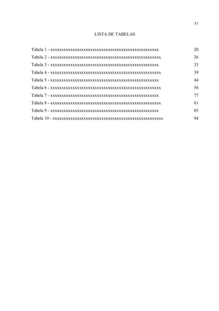 51
LISTA DE TABELAS
Tabela 1 - xxxxxxxxxxxxxxxxxxxxxxxxxxxxxxxxxxxxxxxxxxxxxxxxx 20
Tabela 2 - xxxxxxxxxxxxxxxxxxxxxxxxxxxxxxxxxxxxxxxxxxxxxxxxxx 26
Tabela 3 - xxxxxxxxxxxxxxxxxxxxxxxxxxxxxxxxxxxxxxxxxxxxxxxxx 33
Tabela 4 - xxxxxxxxxxxxxxxxxxxxxxxxxxxxxxxxxxxxxxxxxxxxxxxxxx 39
Tabela 5 - xxxxxxxxxxxxxxxxxxxxxxxxxxxxxxxxxxxxxxxxxxxxxxxxx 44
Tabela 6 - xxxxxxxxxxxxxxxxxxxxxxxxxxxxxxxxxxxxxxxxxxxxxxxxxx 56
Tabela 7 - xxxxxxxxxxxxxxxxxxxxxxxxxxxxxxxxxxxxxxxxxxxxxxxxx 77
Tabela 8 - xxxxxxxxxxxxxxxxxxxxxxxxxxxxxxxxxxxxxxxxxxxxxxxxxx 81
Tabela 9 - xxxxxxxxxxxxxxxxxxxxxxxxxxxxxxxxxxxxxxxxxxxxxxxxx 85
Tabela 10 - xxxxxxxxxxxxxxxxxxxxxxxxxxxxxxxxxxxxxxxxxxxxxxxxxx 94
 