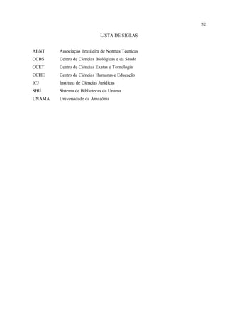 52
LISTA DE SIGLAS
ABNT Associação Brasileira de Normas Técnicas
CCBS Centro de Ciências Biológicas e da Saúde
CCET Centro de Ciências Exatas e Tecnologia
CCHE Centro de Ciências Humanas e Educação
ICJ Instituto de Ciências Jurídicas
SBU Sistema de Bibliotecas da Unama
UNAMA Universidade da Amazônia
 
