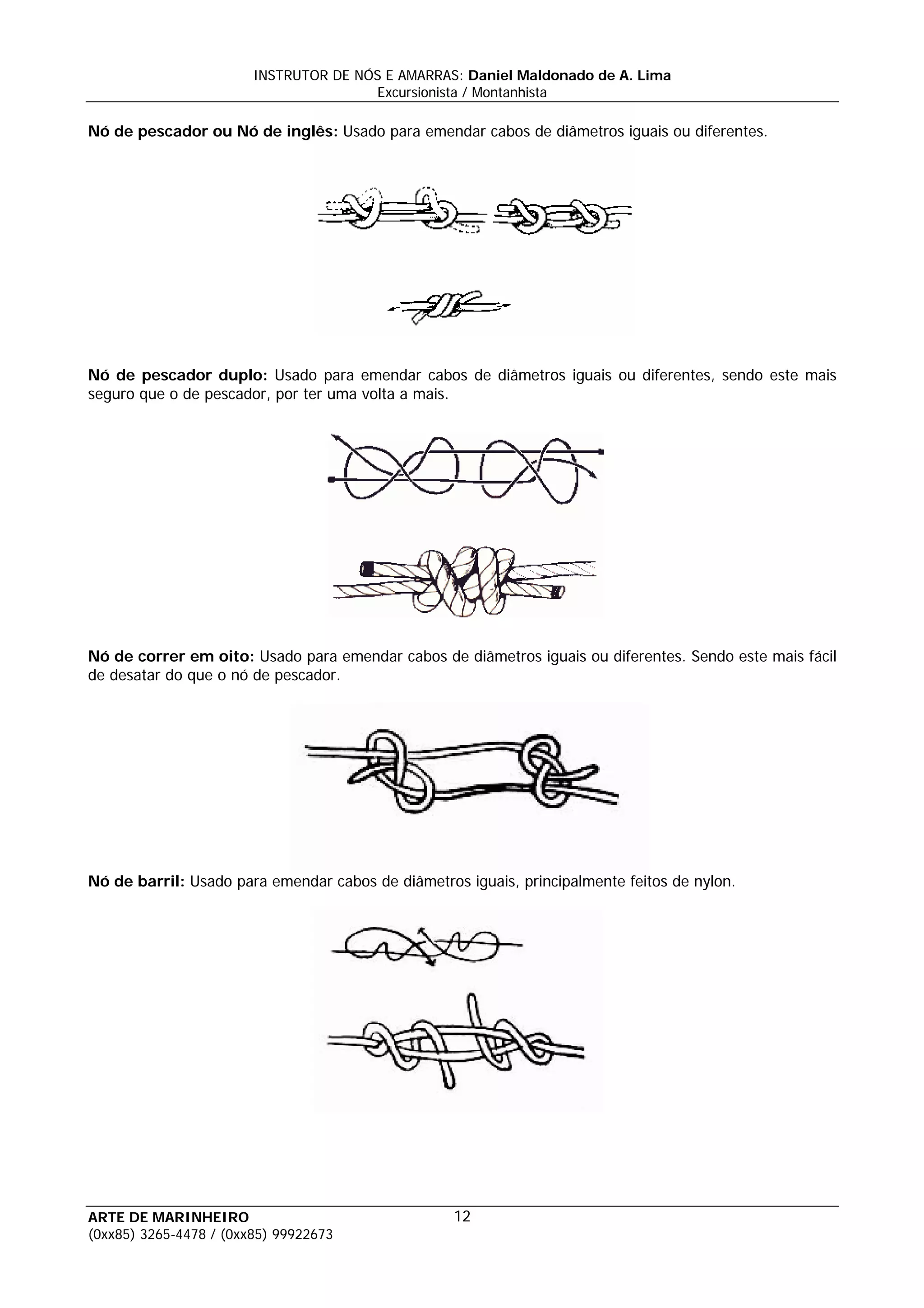 INSTRUTOR DE NÓS E AMARRAS: Daniel Maldonado de A. Lima
                                       Excursionista / Montanhista

Nó de pescador ou Nó de inglês: Usado para emendar cabos de diâmetros iguais ou diferentes.




Nó de pescador duplo: Usado para emendar cabos de diâmetros iguais ou diferentes, sendo este mais
seguro que o de pescador, por ter uma volta a mais.




Nó de correr em oito: Usado para emendar cabos de diâmetros iguais ou diferentes. Sendo este mais fácil
de desatar do que o nó de pescador.




Nó de barril: Usado para emendar cabos de diâmetros iguais, principalmente feitos de nylon.




ARTE DE MARINHEIRO                                 12
(0xx85) 3265-4478 / (0xx85) 99922673
 