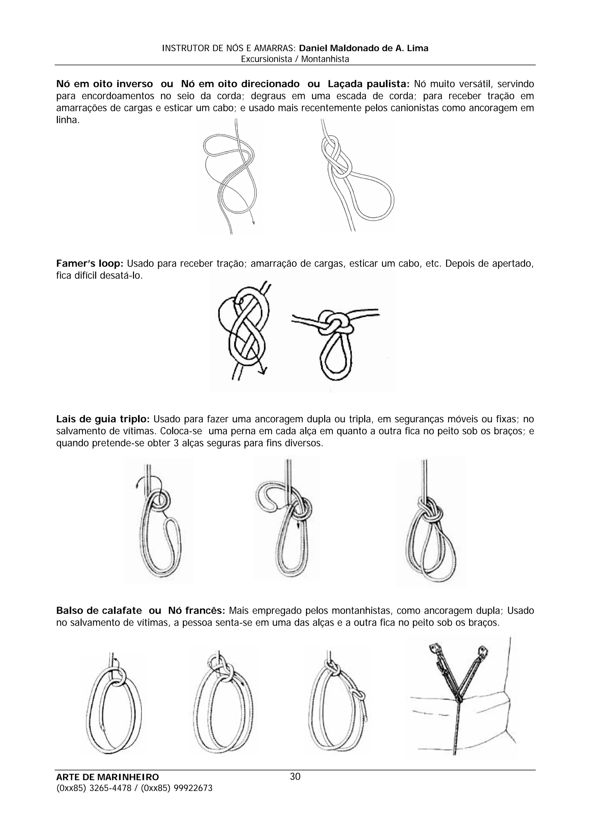INSTRUTOR DE NÓS E AMARRAS: Daniel Maldonado de A. Lima
                                       Excursionista / Montanhista

Nó em oito inverso ou Nó em oito direcionado ou Laçada paulista: Nó muito versátil, servindo
para encordoamentos no seio da corda; degraus em uma escada de corda; para receber tração em
amarrações de cargas e esticar um cabo; e usado mais recentemente pelos canionistas como ancoragem em
linha.




Famer’s loop: Usado para receber tração; amarração de cargas, esticar um cabo, etc. Depois de apertado,
fica difícil desatá-lo.




Lais de guia triplo: Usado para fazer uma ancoragem dupla ou tripla, em seguranças móveis ou fixas; no
salvamento de vítimas. Coloca-se uma perna em cada alça em quanto a outra fica no peito sob os braços; e
quando pretende-se obter 3 alças seguras para fins diversos.




Balso de calafate ou Nó francês: Mais empregado pelos montanhistas, como ancoragem dupla; Usado
no salvamento de vítimas, a pessoa senta-se em uma das alças e a outra fica no peito sob os braços.




ARTE DE MARINHEIRO                                30
(0xx85) 3265-4478 / (0xx85) 99922673
 